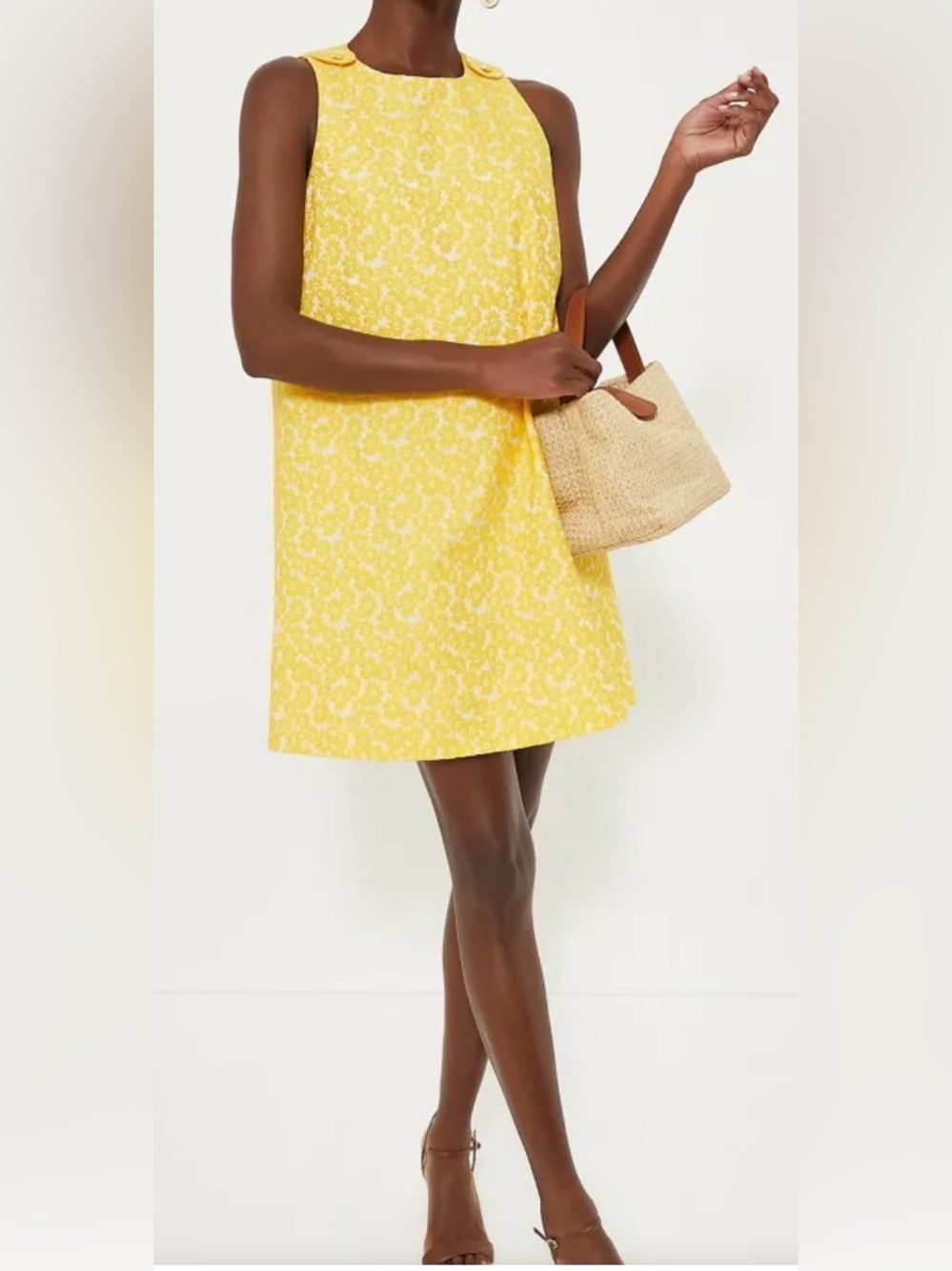 TUCKERNUCK Yellow Daisy Jacquard Grace Shift Dress Sz L Mod Revival Cottagecore